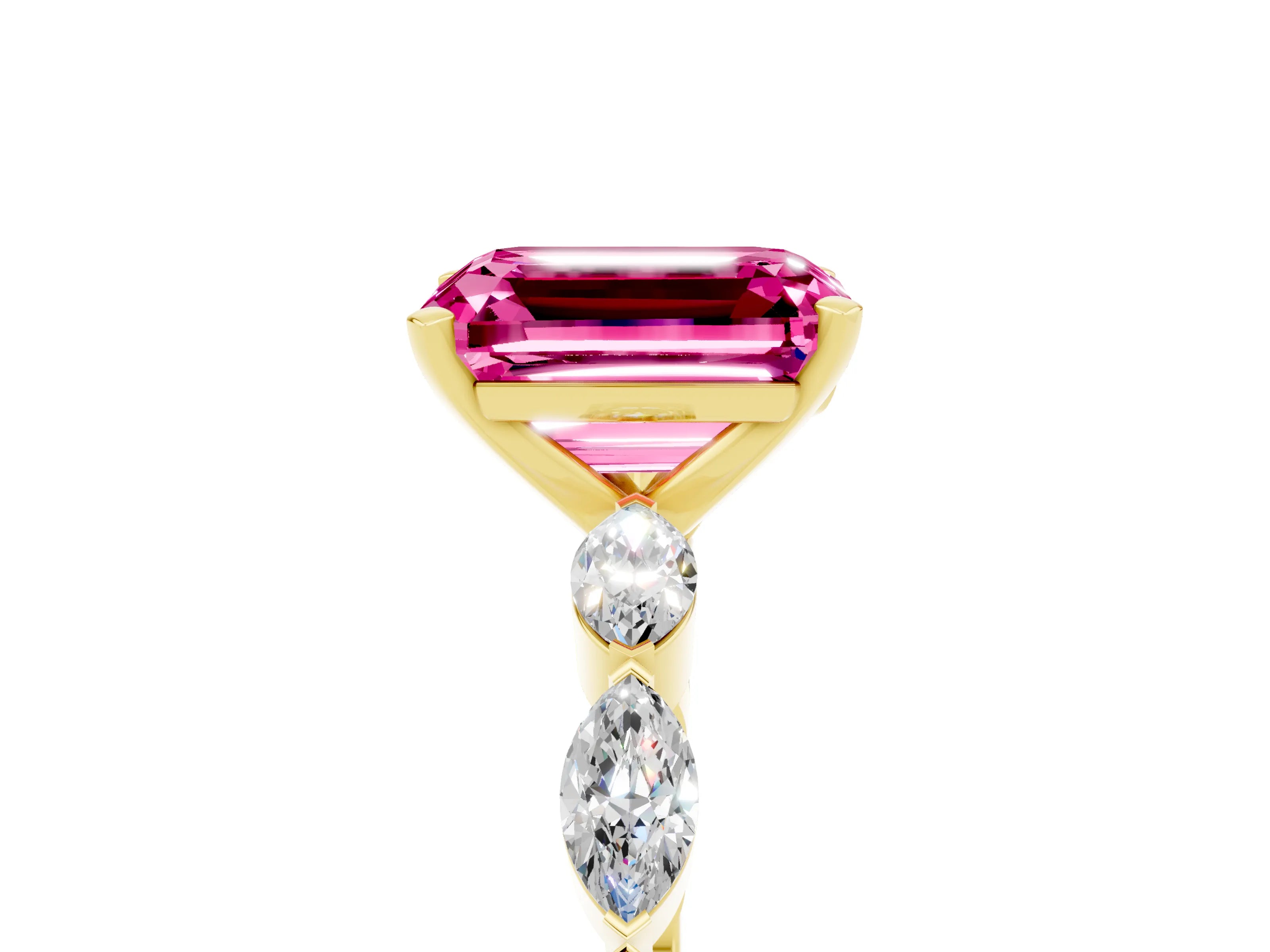 Yellow gold Emerald Cut Pink Sapphire Ring with Marquise Side Stones and Prong Setting_17