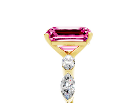 Yellow gold Emerald Cut Pink Sapphire Ring with Marquise Side Stones and Prong Setting_17