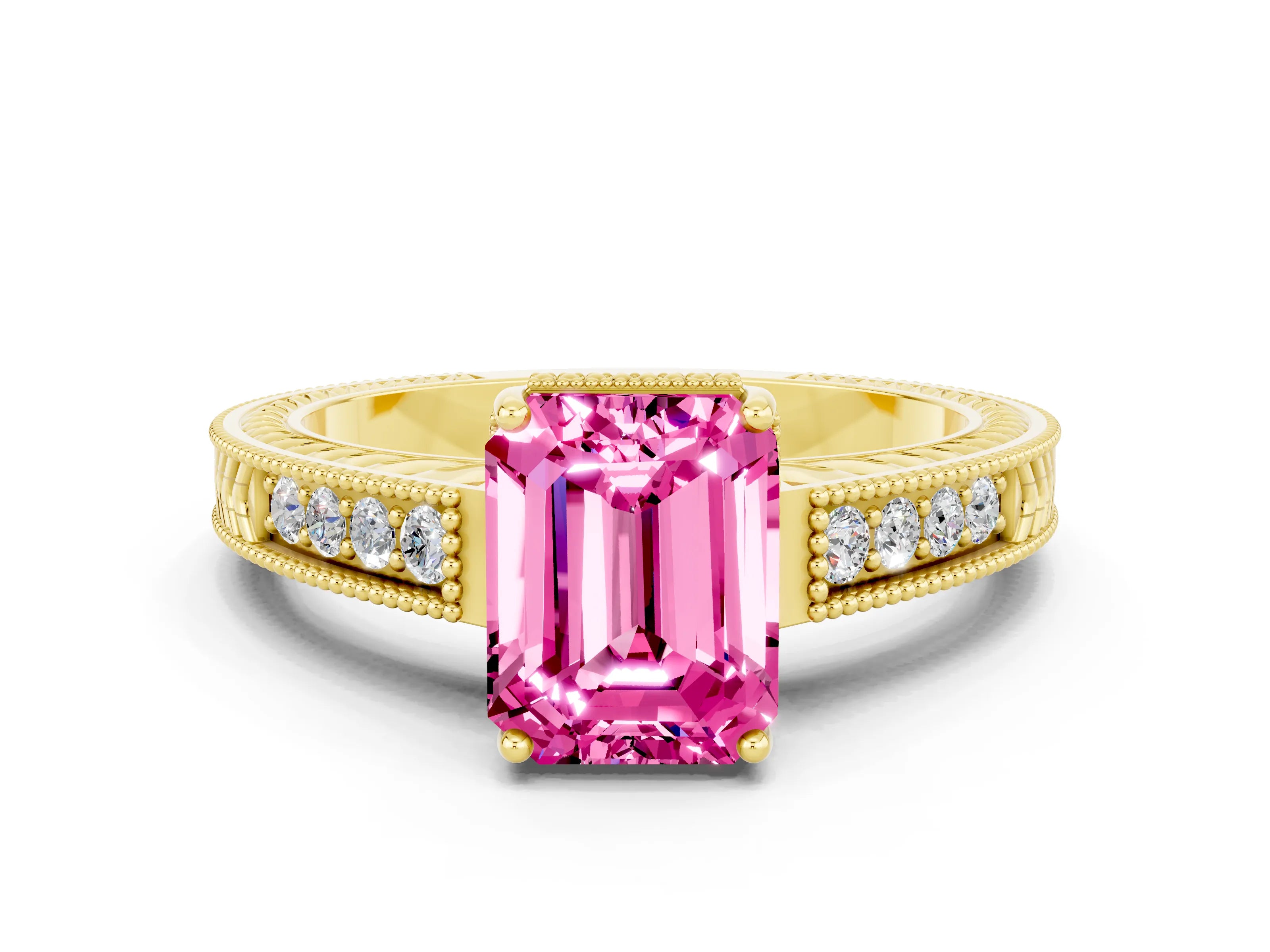 Yellow gold Emerald Cut Pink Sapphire Ring with Milgrain Pavé Band and Four-Prong Setting_36