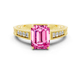 Yellow gold Emerald Cut Pink Sapphire Ring with Milgrain Pavé Band and Four-Prong Setting_36