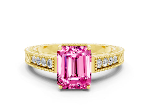 Yellow gold Emerald Cut Pink Sapphire Ring with Milgrain Pavé Band and Four-Prong Setting_36