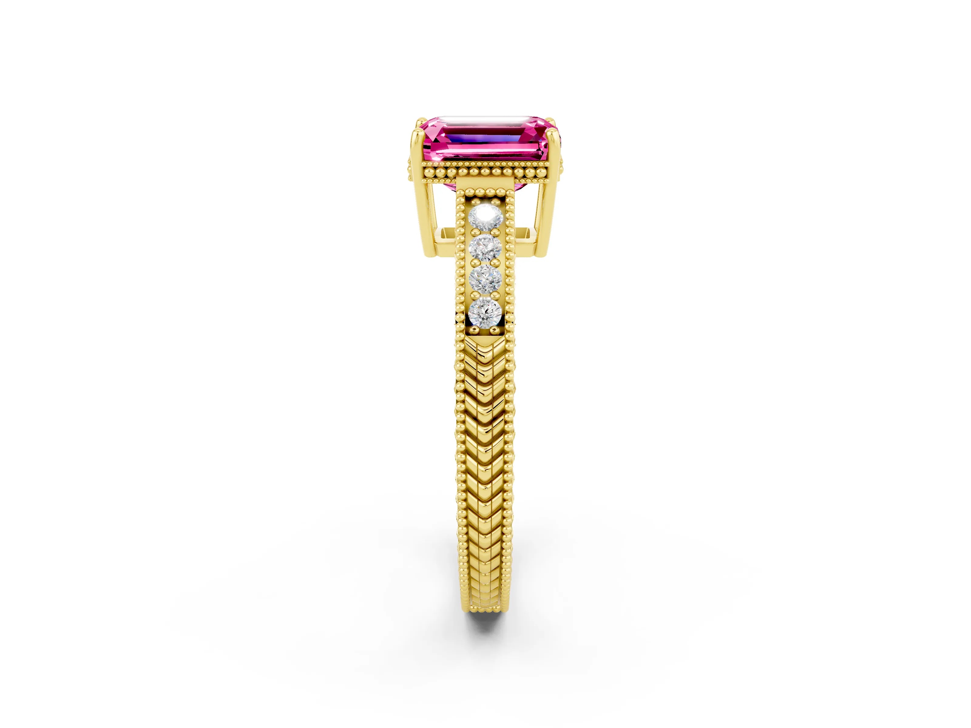 Yellow gold Emerald Cut Pink Sapphire Ring with Milgrain Pavé Band and Four-Prong Setting_38