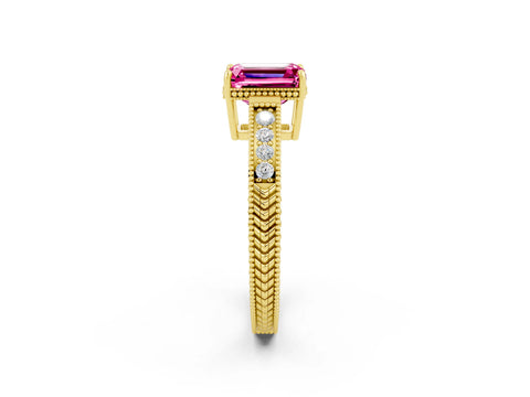 Yellow gold Emerald Cut Pink Sapphire Ring with Milgrain Pavé Band and Four-Prong Setting_38