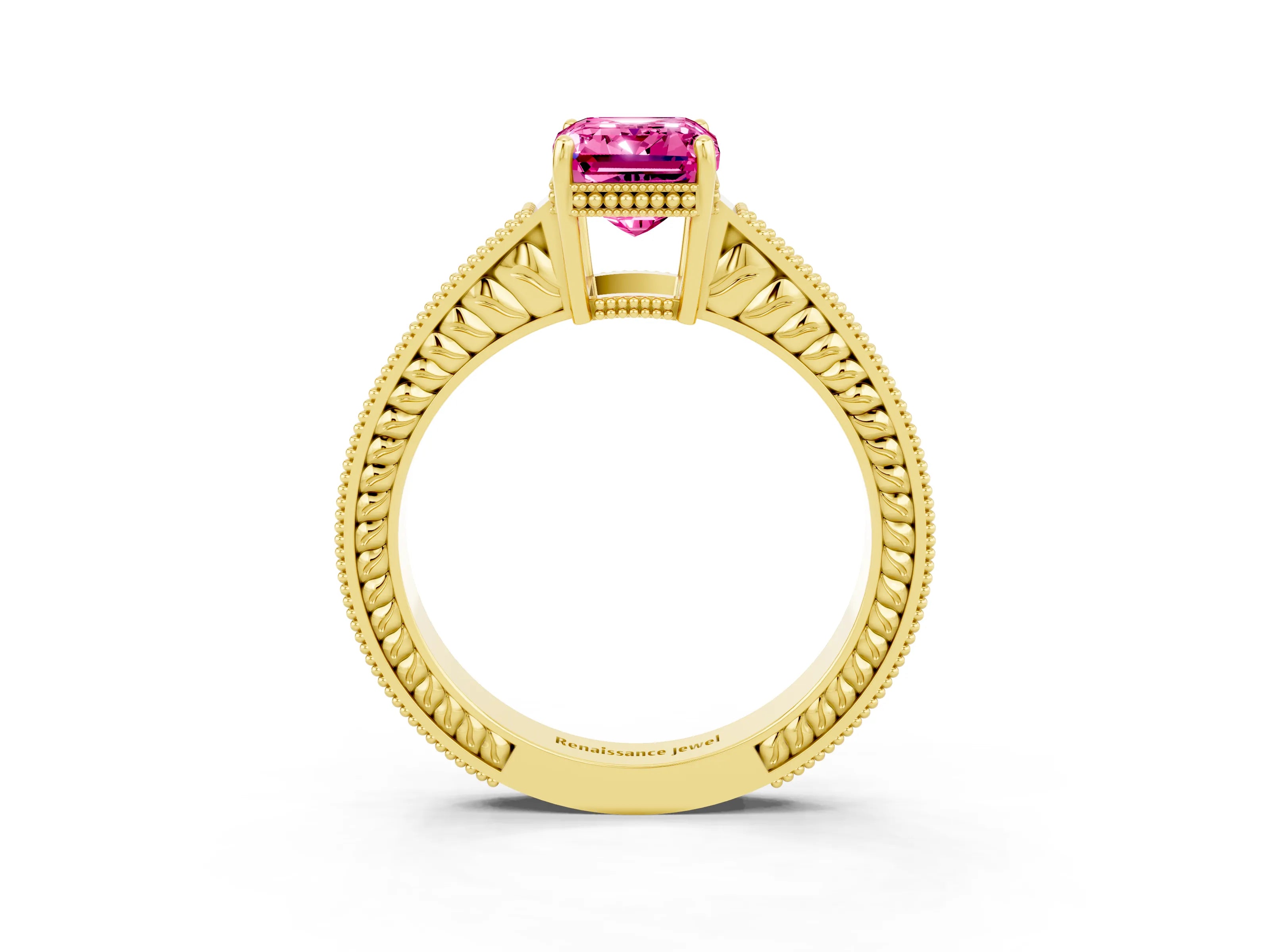 Yellow gold Emerald Cut Pink Sapphire Ring with Milgrain Pavé Band and Four-Prong Setting_39