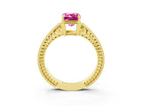 Yellow gold Emerald Cut Pink Sapphire Ring with Milgrain Pavé Band and Four-Prong Setting_39