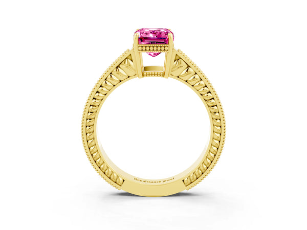 Yellow gold Emerald Cut Pink Sapphire Ring with Milgrain Pavé Band and Four-Prong Setting