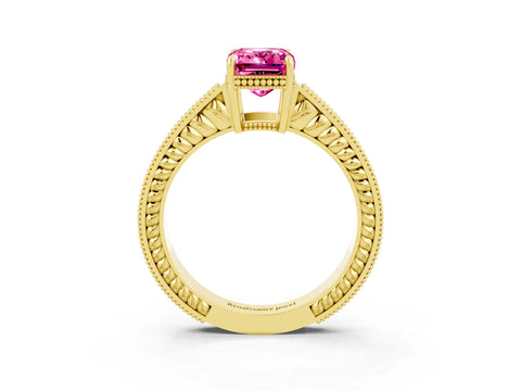 Yellow gold Emerald Cut Pink Sapphire Ring with Milgrain Pavé Band and Four-Prong Setting_39