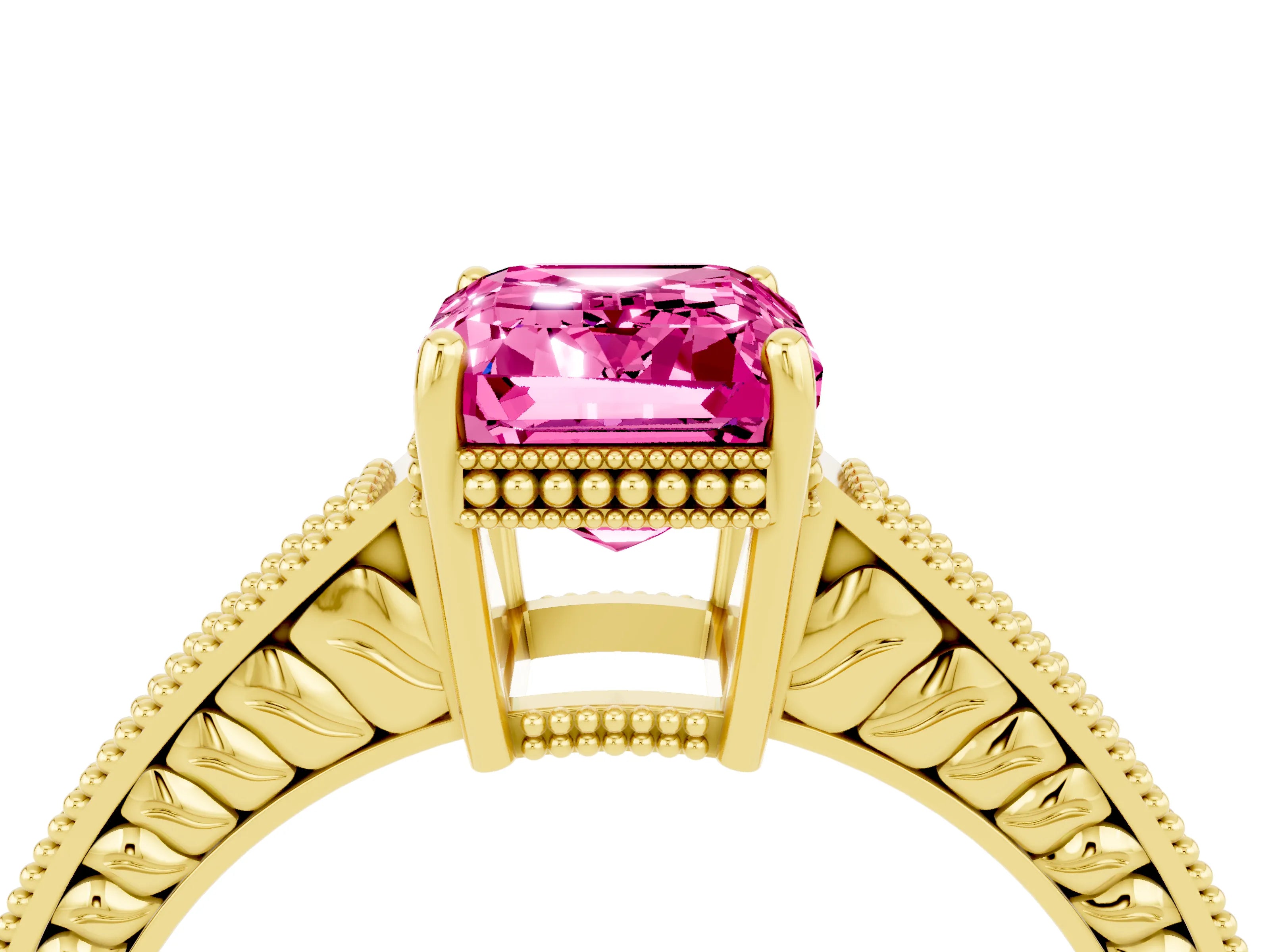 Yellow gold Emerald Cut Pink Sapphire Ring with Milgrain Pavé Band and Four-Prong Setting_40