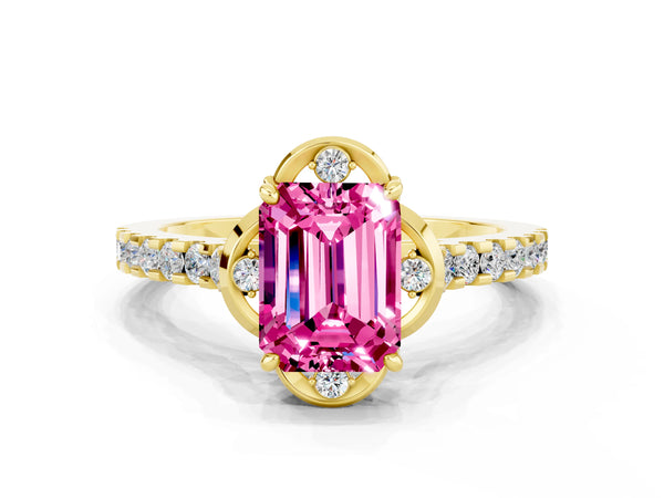 Yellow gold Emerald Cut Pink Sapphire Ring with Pavé Band and Floral Prong Setting