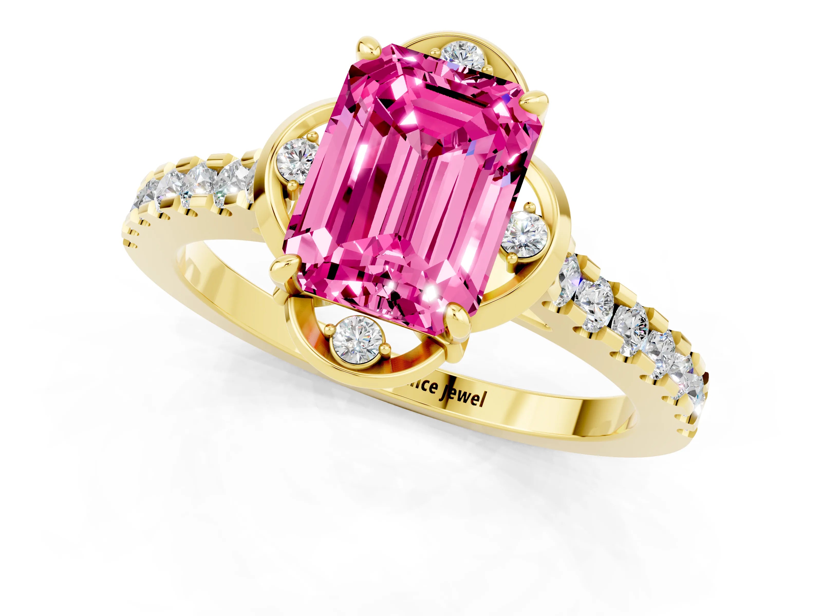 Yellow gold Emerald Cut Pink Sapphire Ring with Pavé Band and Floral Prong Setting_1