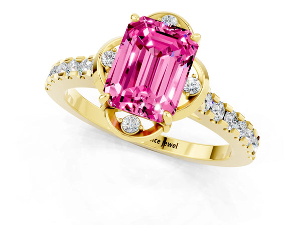 Yellow gold Emerald Cut Pink Sapphire Ring with Pavé Band and Floral Prong Setting