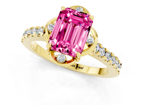 Yellow gold Emerald Cut Pink Sapphire Ring with Pavé Band and Floral Prong Setting_1