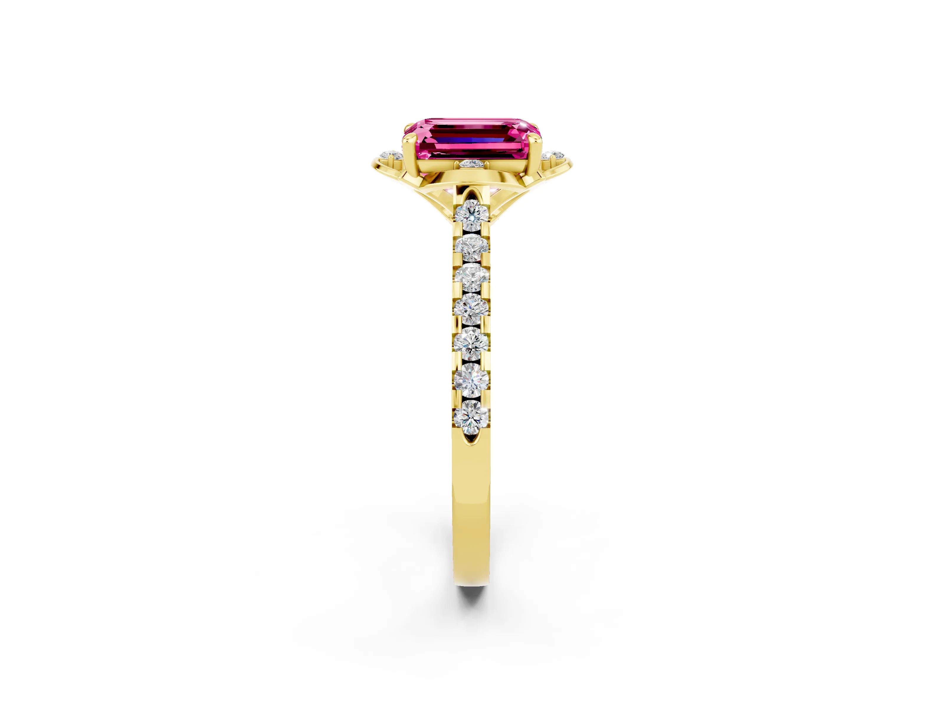 Yellow gold Emerald Cut Pink Sapphire Ring with Pavé Band and Floral Prong Setting_2
