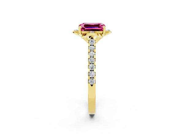 Yellow gold Emerald Cut Pink Sapphire Ring with Pavé Band and Floral Prong Setting