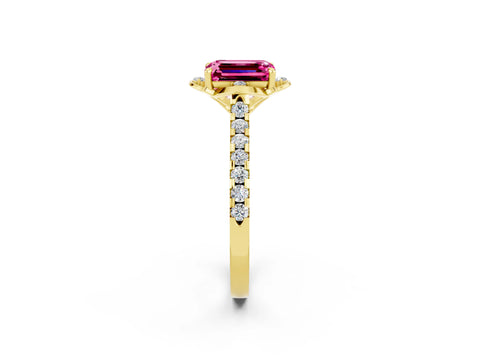 Yellow gold Emerald Cut Pink Sapphire Ring with Pavé Band and Floral Prong Setting_2