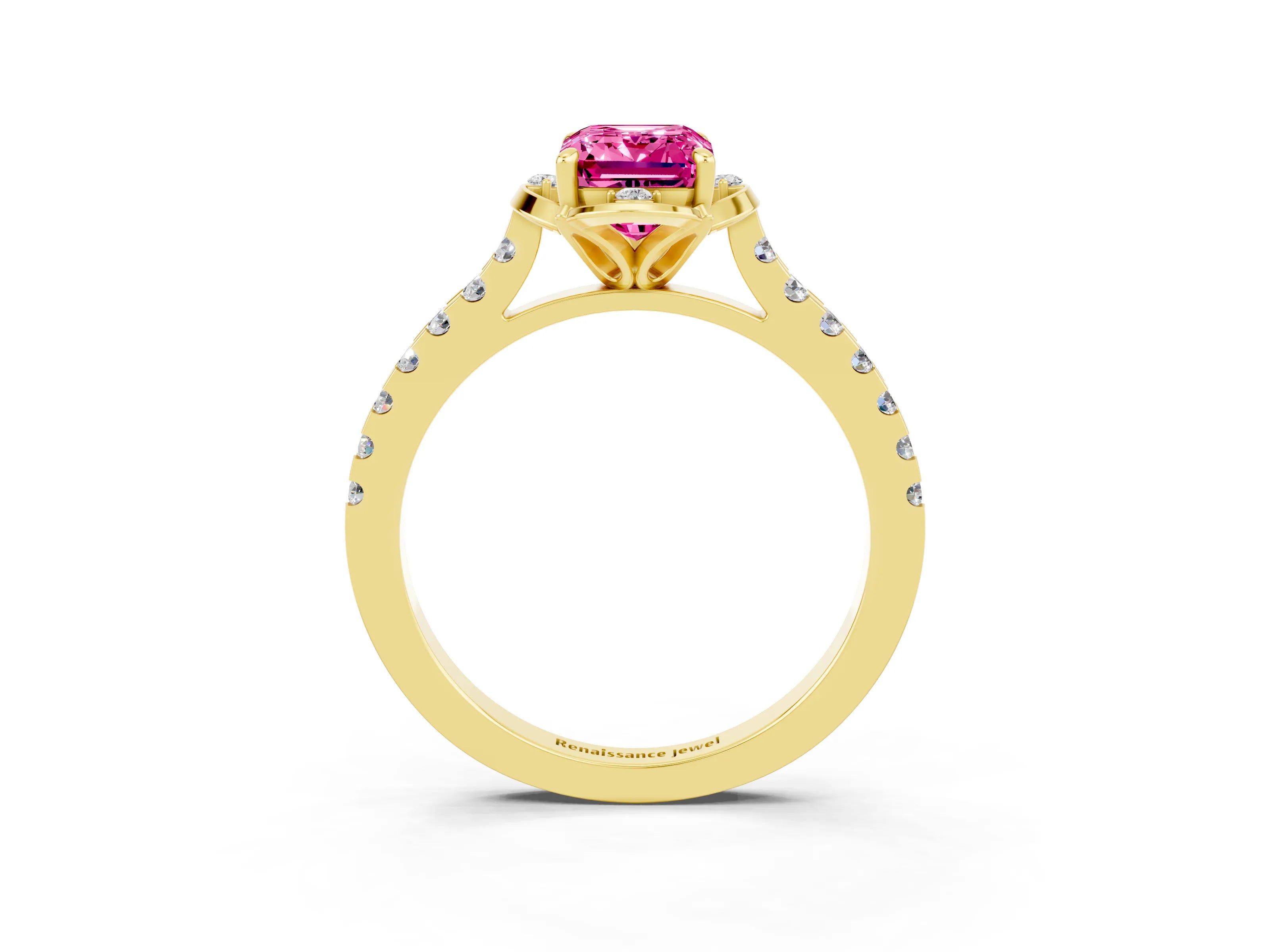 Yellow gold Emerald Cut Pink Sapphire Ring with Pavé Band and Floral Prong Setting_3