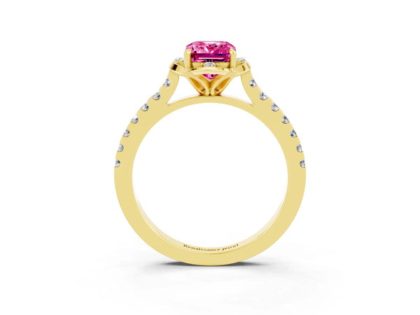Yellow gold Emerald Cut Pink Sapphire Ring with Pavé Band and Floral Prong Setting