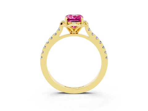 Yellow gold Emerald Cut Pink Sapphire Ring with Pavé Band and Floral Prong Setting_3