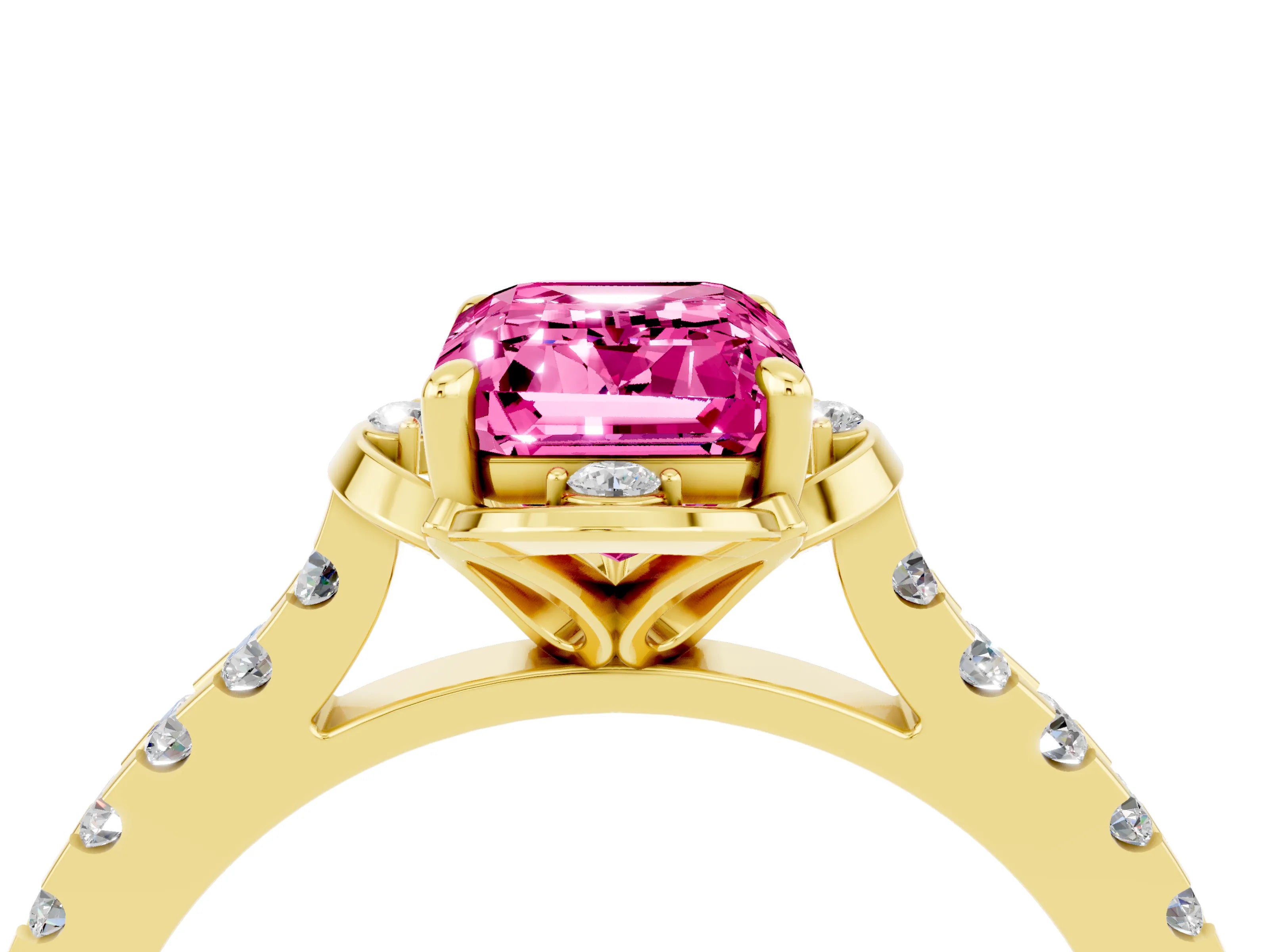 Yellow gold Emerald Cut Pink Sapphire Ring with Pavé Band and Floral Prong Setting_4