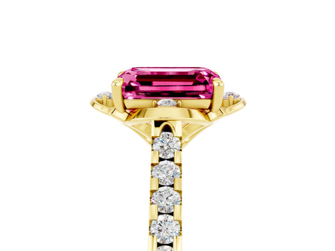 Yellow gold Emerald Cut Pink Sapphire Ring with Pavé Band and Floral Prong Setting_5
