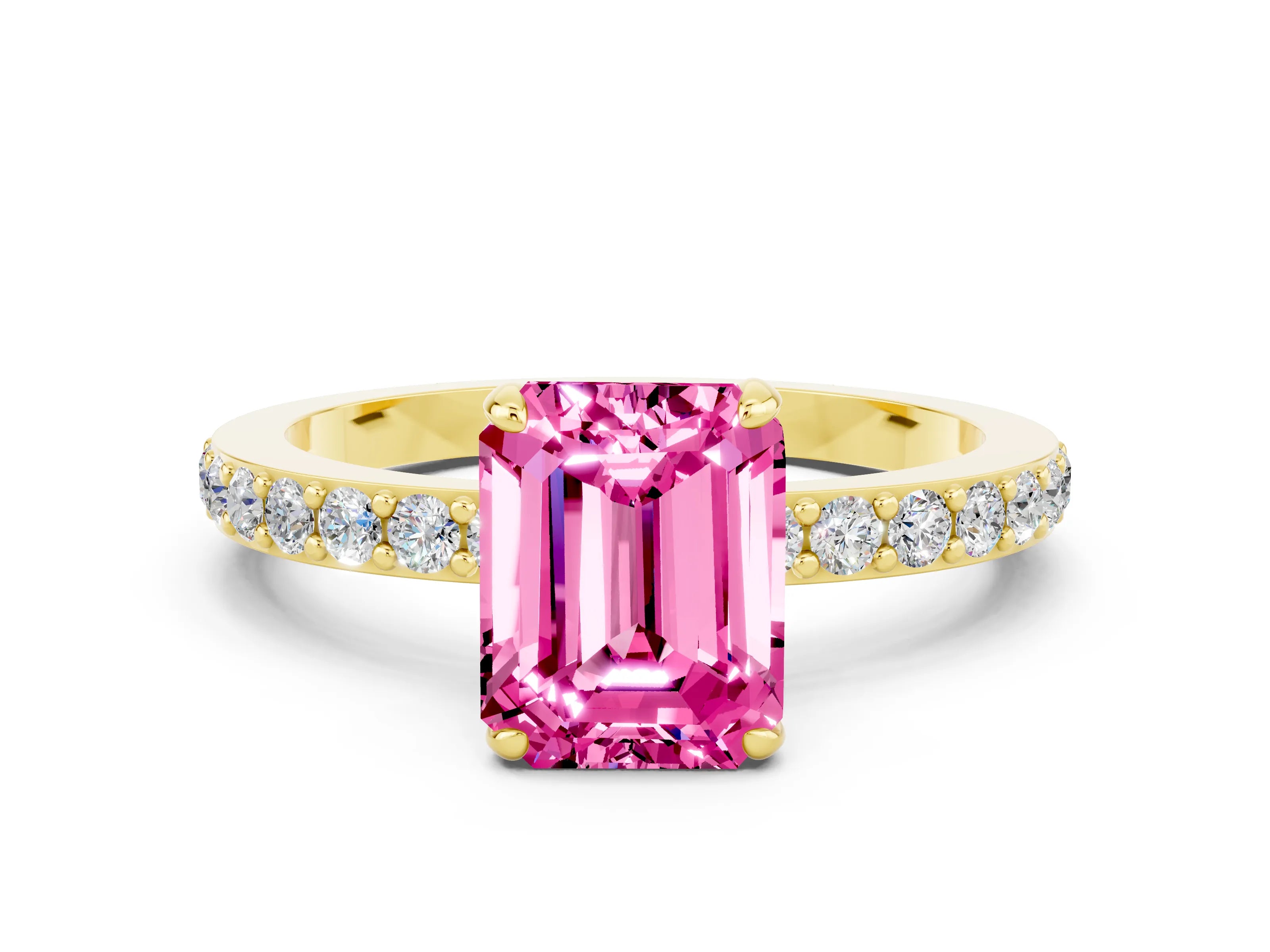 Yellow gold Emerald Cut Pink Sapphire Ring with Pavé Band and Four-Prong Setting_24