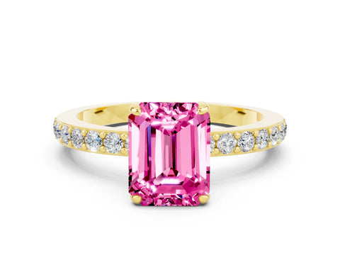 Yellow gold Emerald Cut Pink Sapphire Ring with Pavé Band and Four-Prong Setting_24