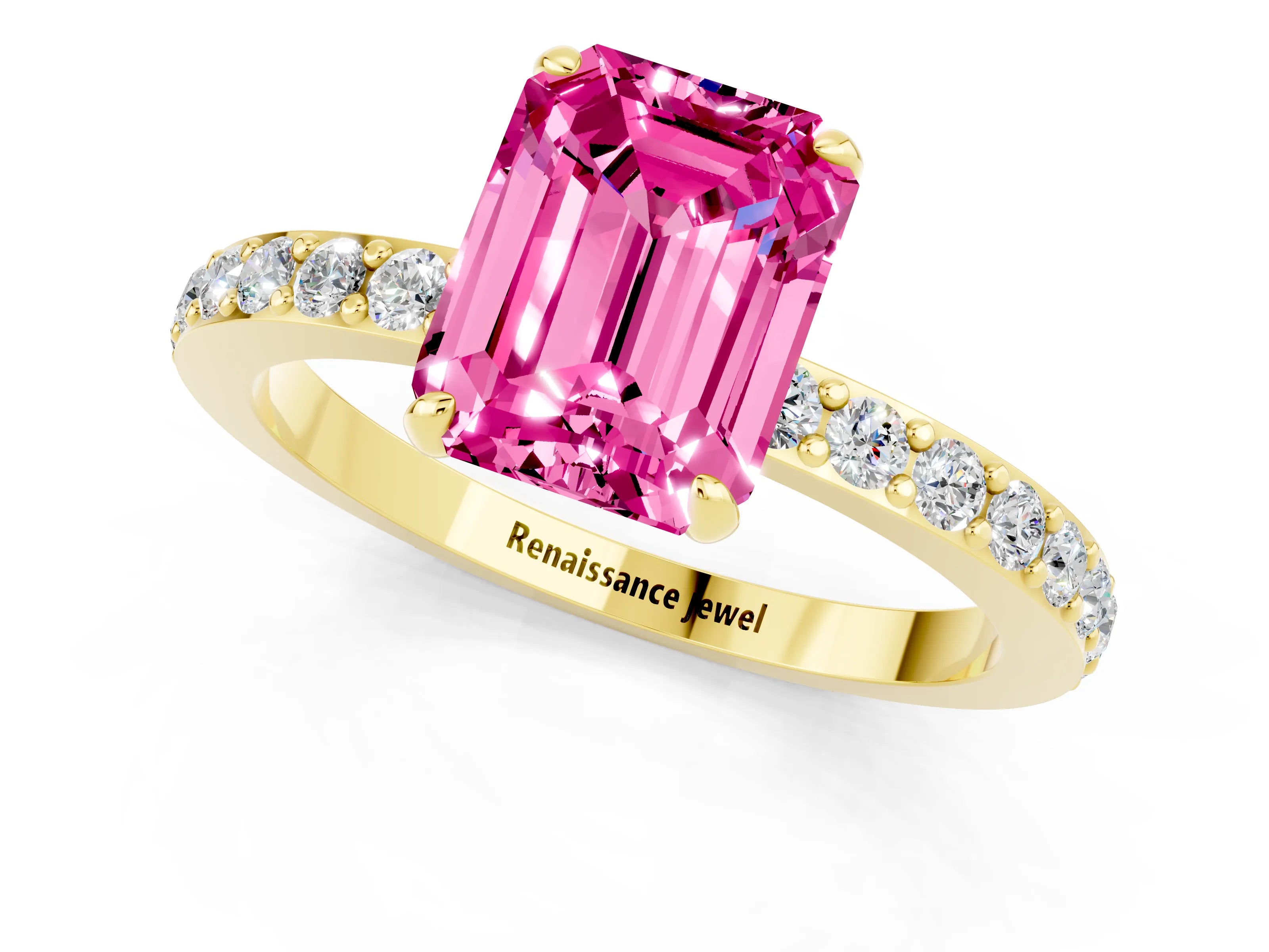 Yellow gold Emerald Cut Pink Sapphire Ring with Pavé Band and Four-Prong Setting_25