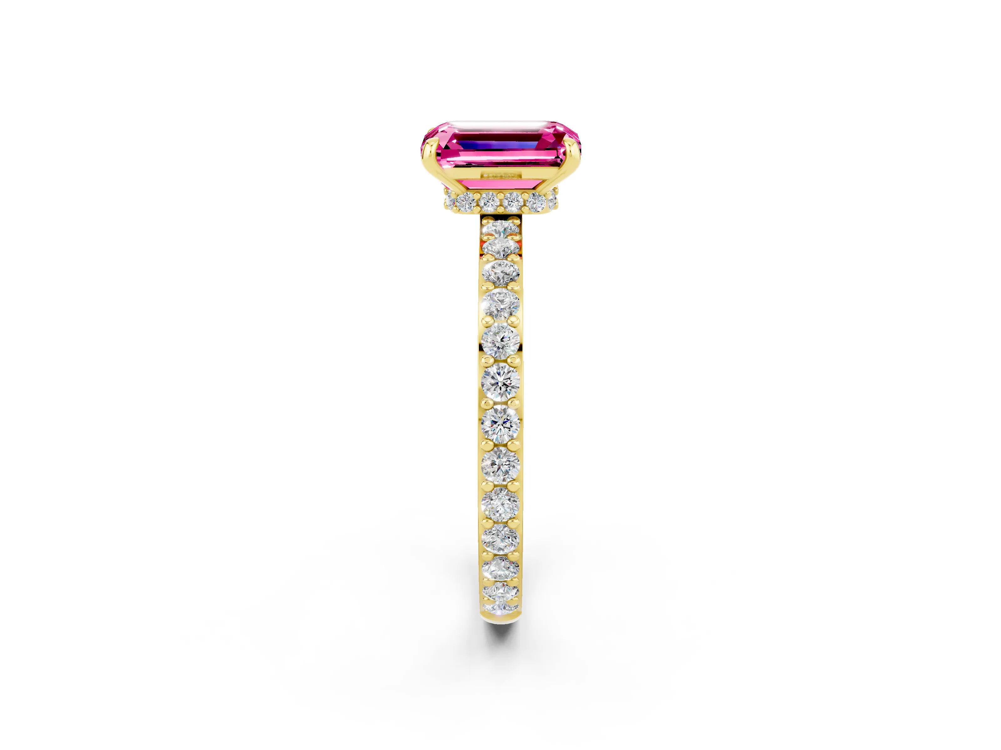 Yellow gold Emerald Cut Pink Sapphire Ring with Pavé Band and Four-Prong Setting_26