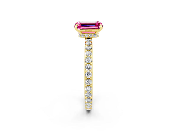 Yellow gold Emerald Cut Pink Sapphire Pavé Engagement Ring with Round  Accents and Prong Setting