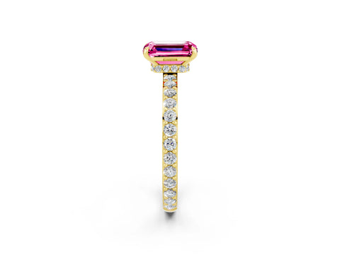 Yellow gold Emerald Cut Pink Sapphire Ring with Pavé Band and Four-Prong Setting_26