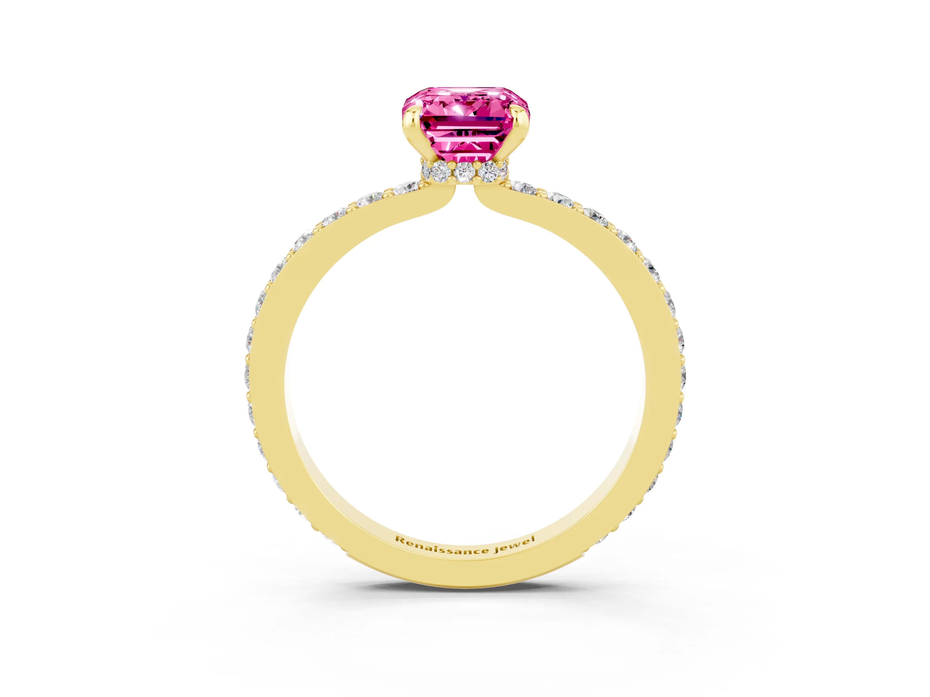 Yellow gold Emerald Cut Pink Sapphire Ring with Pavé Band and Four-Prong Setting_27