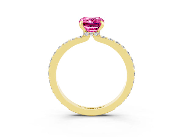 Yellow gold Emerald Cut Pink Sapphire Pavé Engagement Ring with Round  Accents and Prong Setting