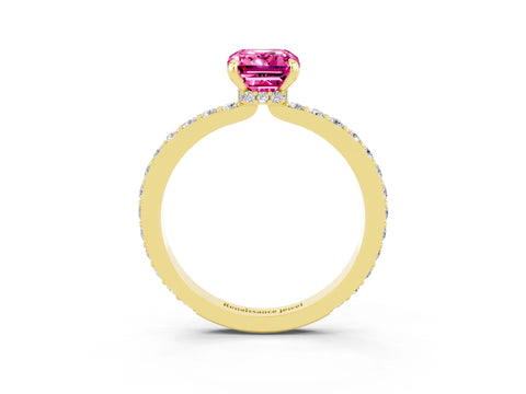Yellow gold Emerald Cut Pink Sapphire Ring with Pavé Band and Four-Prong Setting_27