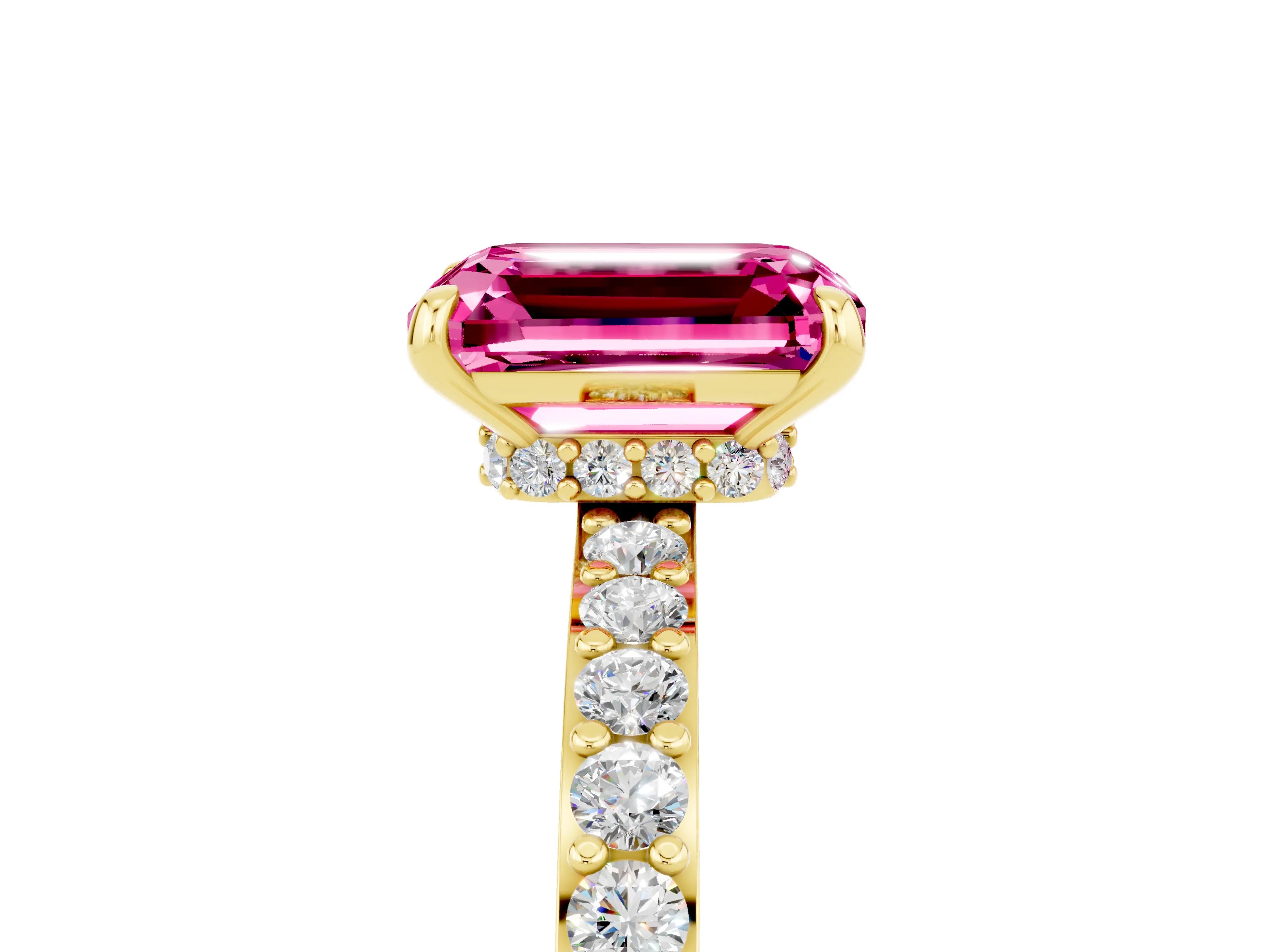 Yellow gold Emerald Cut Pink Sapphire Ring with Pavé Band and Four-Prong Setting_29