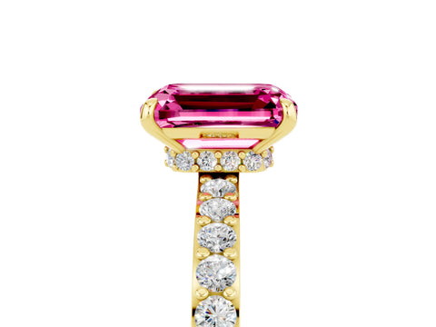 Yellow gold Emerald Cut Pink Sapphire Ring with Pavé Band and Four-Prong Setting_29