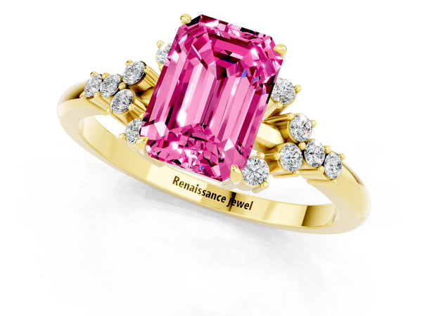 Yellow gold Emerald Cut Pink Sapphire Ring with Side Stones and Four-Prong Setting