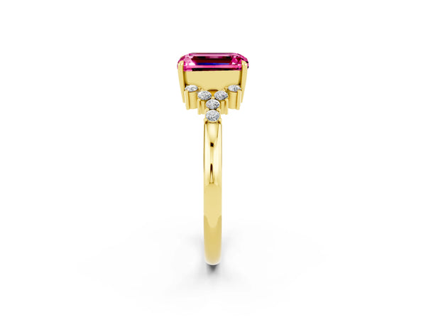 Yellow gold Emerald Cut Pink Sapphire Ring with Side Stones and Four-Prong Setting