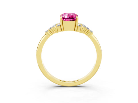 Yellow gold Emerald Cut Pink Sapphire Ring with Side Stones and Four-Prong Setting_63