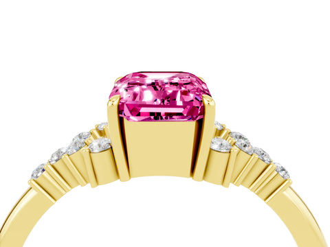 Yellow gold Emerald Cut Pink Sapphire Ring with Side Stones and Four-Prong Setting_64