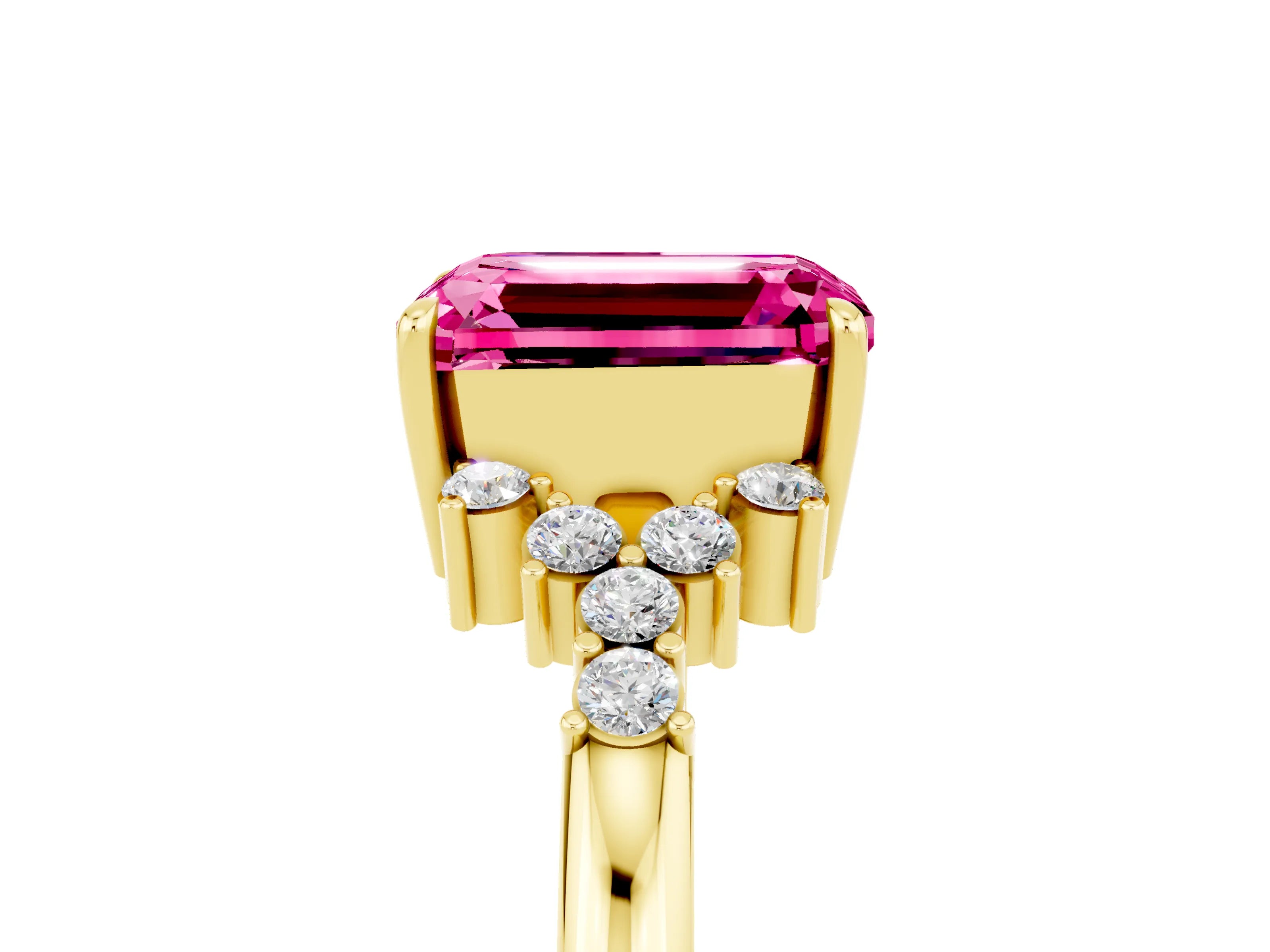 Yellow gold Emerald Cut Pink Sapphire Ring with Side Stones and Four-Prong Setting_65