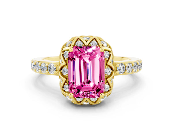 Yellow gold Emerald Cut Pink Sapphire Scalloped Halo Engagement Ring with Round Shared Prong Band