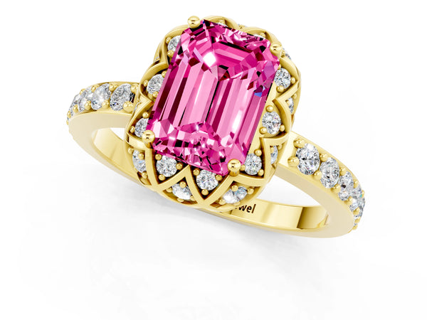 Yellow gold Emerald Cut Pink Sapphire Scalloped Halo Engagement Ring with Round Shared Prong Band