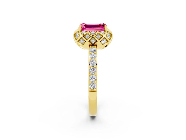 Yellow gold Emerald Cut Pink Sapphire Scalloped Halo Engagement Ring with Round Shared Prong Band