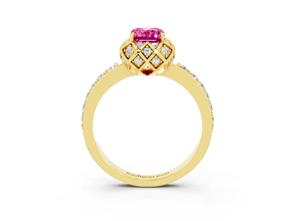 Yellow gold Emerald Cut Pink Sapphire Scalloped Halo Engagement Ring with Round Shared Prong Band