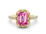 Yellow gold Emerald Cut Pink Sapphire Scalloped Halo Engagement Ring with Round Shared Prong Band_24