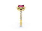 Yellow gold Emerald Cut Pink Sapphire Scalloped Halo Engagement Ring with Round Shared Prong Band_26