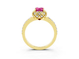 Yellow gold Emerald Cut Pink Sapphire Scalloped Halo Engagement Ring with Round Shared Prong Band_27