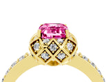 Yellow gold Emerald Cut Pink Sapphire Scalloped Halo Engagement Ring with Round Shared Prong Band_28