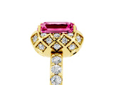 Yellow gold Emerald Cut Pink Sapphire Scalloped Halo Engagement Ring with Round Shared Prong Band_29