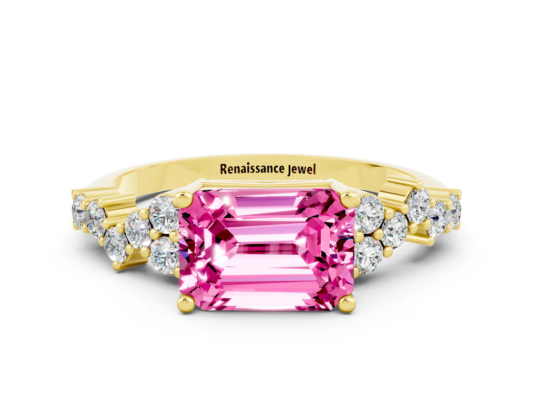 Yellow gold Emerald Cut Pink Sapphire Scattered Round Accent Ring with Prong Setting_12